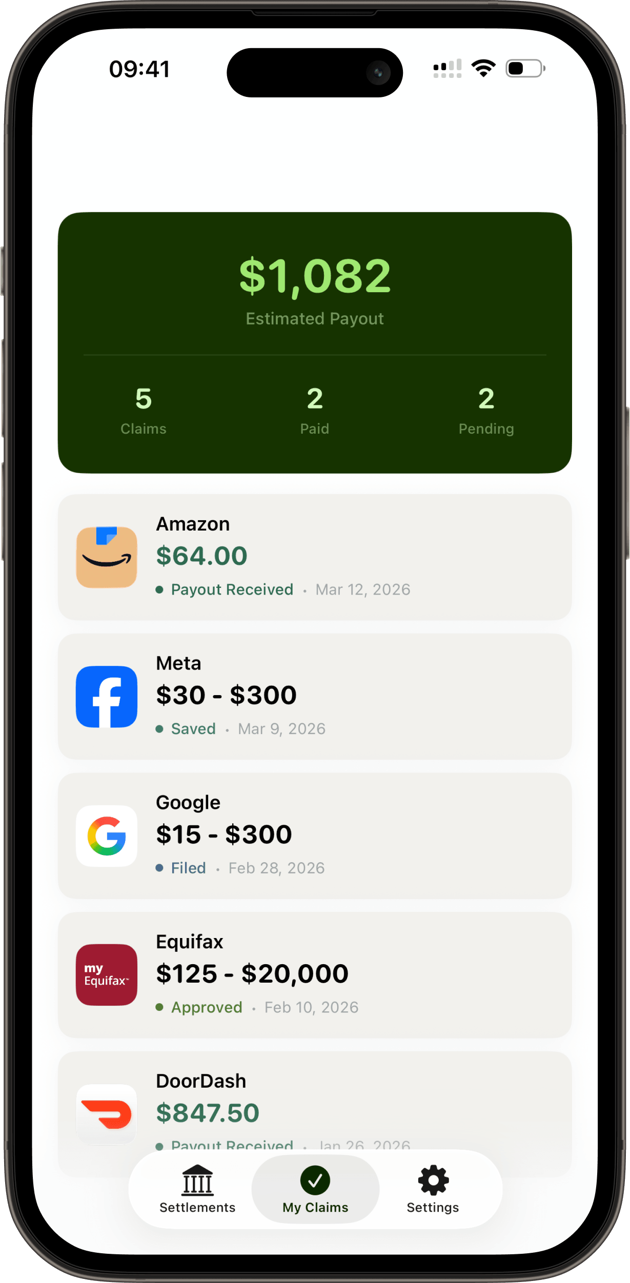 ClaimCash My Claims on iPhone, showing saved settlements, claim statuses, and recorded payments